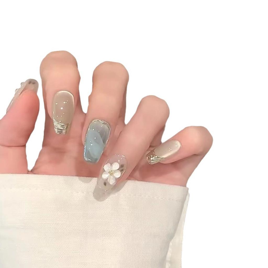 Wearing Armor Handmade High-end Green Cat Eye Magic Mirror French Atmosphere Hand-painted Three-dimensional Flower Fake Nail Patch Removable