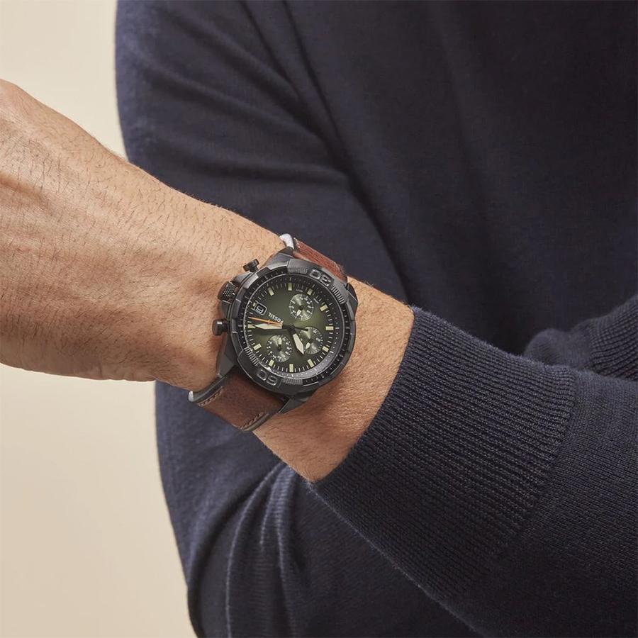 Men's Quartz Watch, Green Dial, Brown Leather Strap, Date Display, FS5856