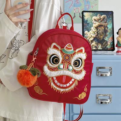 Lion Dance Ethnic Style Large Capacity Backpack Embroidered Cartoon Backpack