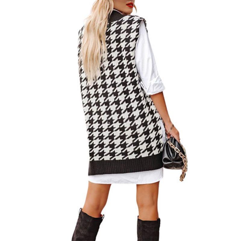 Dam Höst och Vinter Lös V-ringad Chibi Rutig Stickad Tröja