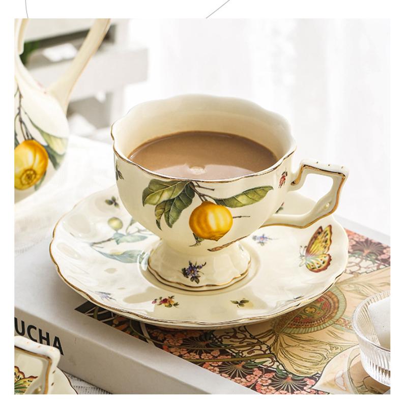 3pcs/set Vintage Coffee Cup Set,Tea Service - 2 Tea Cups, 1 Tea Pot,afternoon Tea, Lemon Butterfly Decorative CeramicTea Cups and Saucer for Home