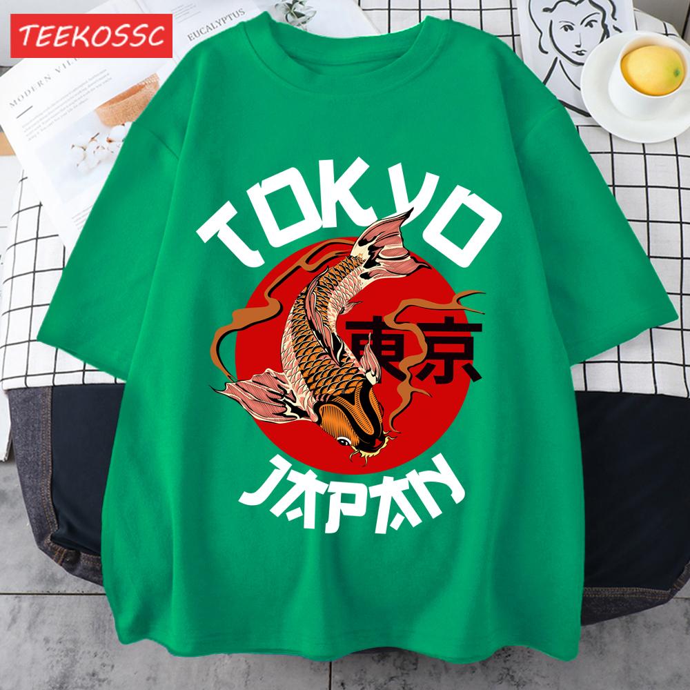 Harajuku Tokyo Japan Koi Fish Print Men T Shirts Hip Hop ONeck TShirt Soft Cotton Male Sportswear Casual Comfortable Clothes