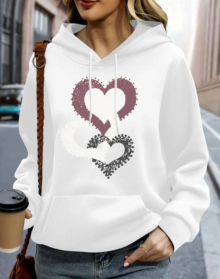 Women's Heart Print Hooded Sweatshirt with Pockets - Comfortable Long Sleeve Casual Wear