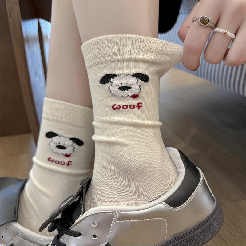 Boneless and Cute Style Flocked Embroidered Puppy Mid-calf Socks, Double Flared Striped Fabric Label Socks, Pure Cotton for Women