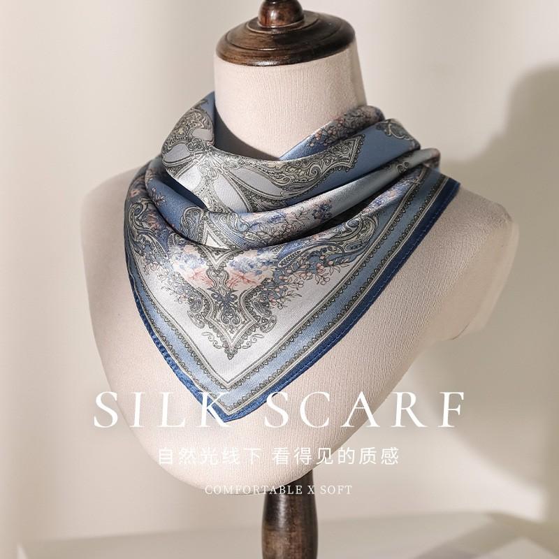 100% Pure Silk Square Scarf Women Floral Print Lightweight Neck Elegant Accessory In 53x53cm