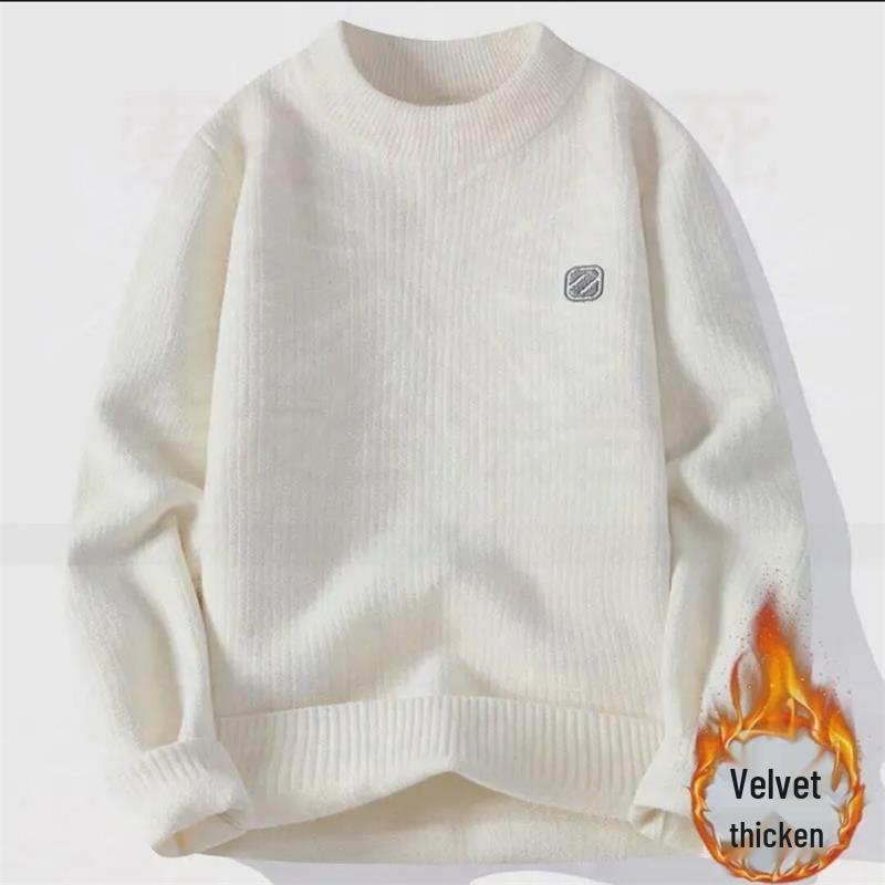 Woodpecker Men's Slim Fit Round Neck Knit Sweater - Warm Velvet Base Layer for Autumn/Winter