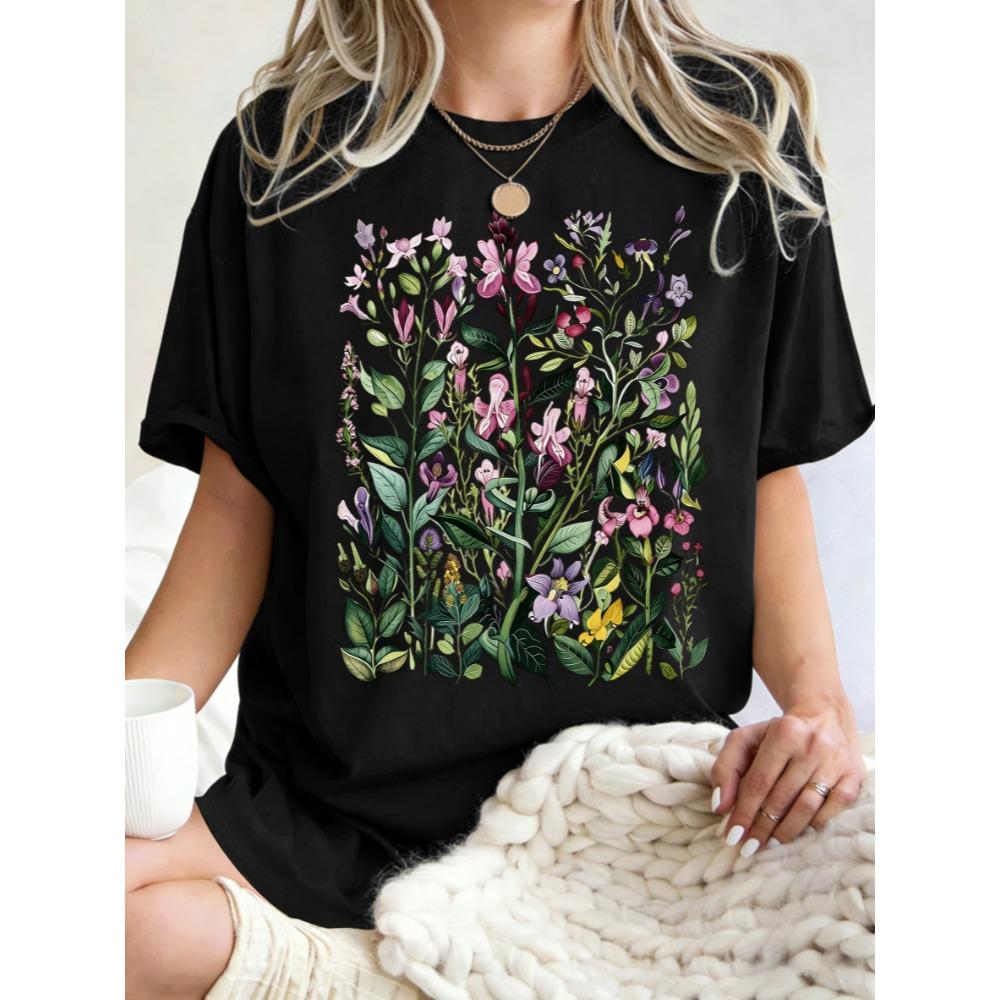 Having Different Beautiful Flowers Design T Shirts Women Cotton Summer T-Shirt Loose Casual Clothes Breathable Crewneck Top