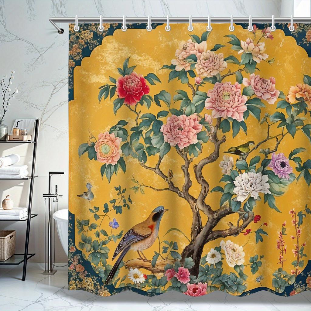 Waterproof Shower Curtain with Elegant Peony Flowers and Birds On a Vibrant Yellow Background for a Luxurious Bathroom Decor