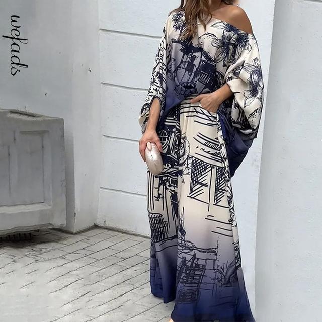 Fashion Women Summer Casual Crew Pullover Printed Half Lantern Sleeve Loose Wide Legs Pockets Pants Sets