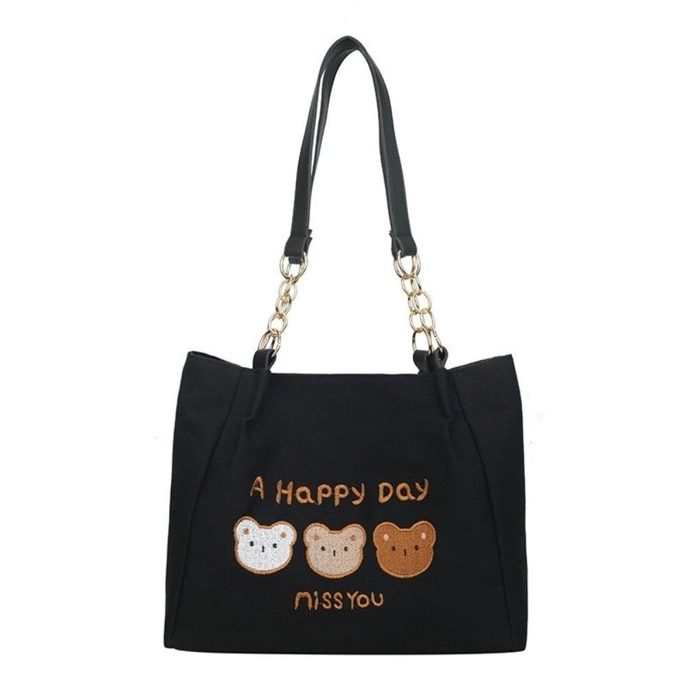 

Large Capacity Cartoon Tote Bag Printed Canvas Handbag Lunch Bag Bear Shoulder Bag Office Worker чёрный