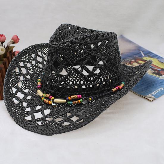 Ψάθα Καπέλο με Προστασία UPF 50+ Ρυθμιζόμενο Λουράκι Πηγουνιού Διακόσμηση με Χάντρες Διάτρητο Σχέδιο Αναπνεύσιμη Πλέξη Ρετρό Ντένιμ Ψάθα Καπέλο