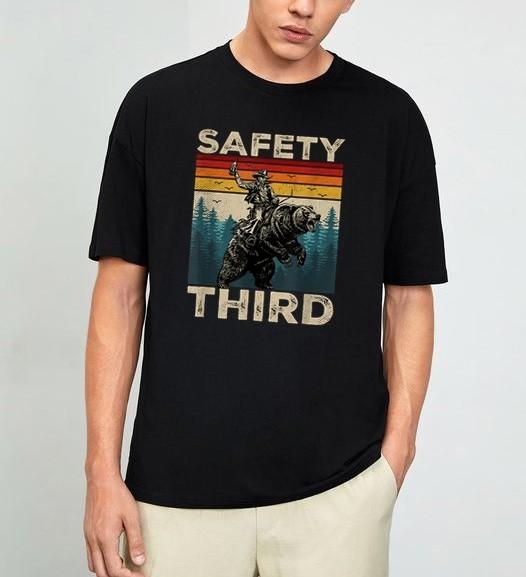 Safety Third Funny Cowboy Riding Bear Retro Sarcastic Safety T-Shirt XXXXL