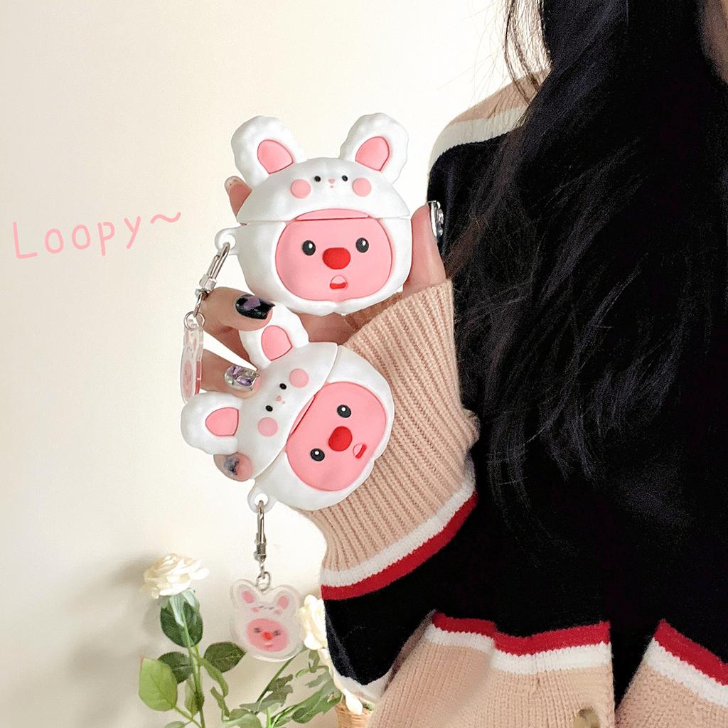 Roztomilé 3D kreslené pouzdro Králík Bobr s klíčenkou pro pouzdro Airpods Pro 2, Měkký ochranný silikonový kryt na sluchátka pro dívky/ženy