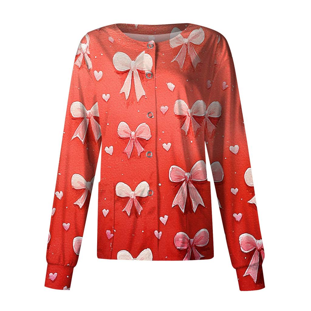 Women's Casual Fashion Long Sleeve Standing Collar Single Breasted Valentine's Day Print Workwear Jacket Tops