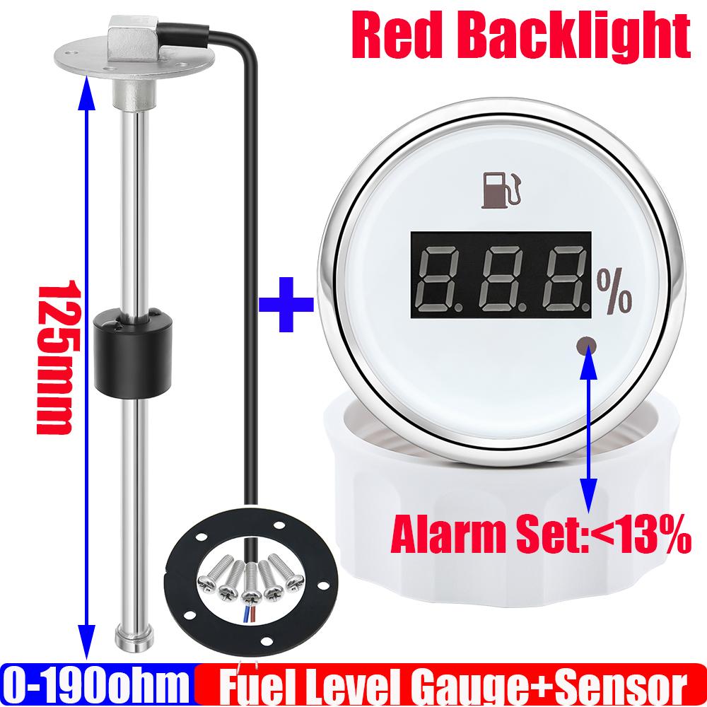 52mm Auto Digital Fuel Level Gauge 0-190 Ohm Range with Alarm Red Light Marine Oil Tank Indicator Meter 100-600mm Sensor Custom