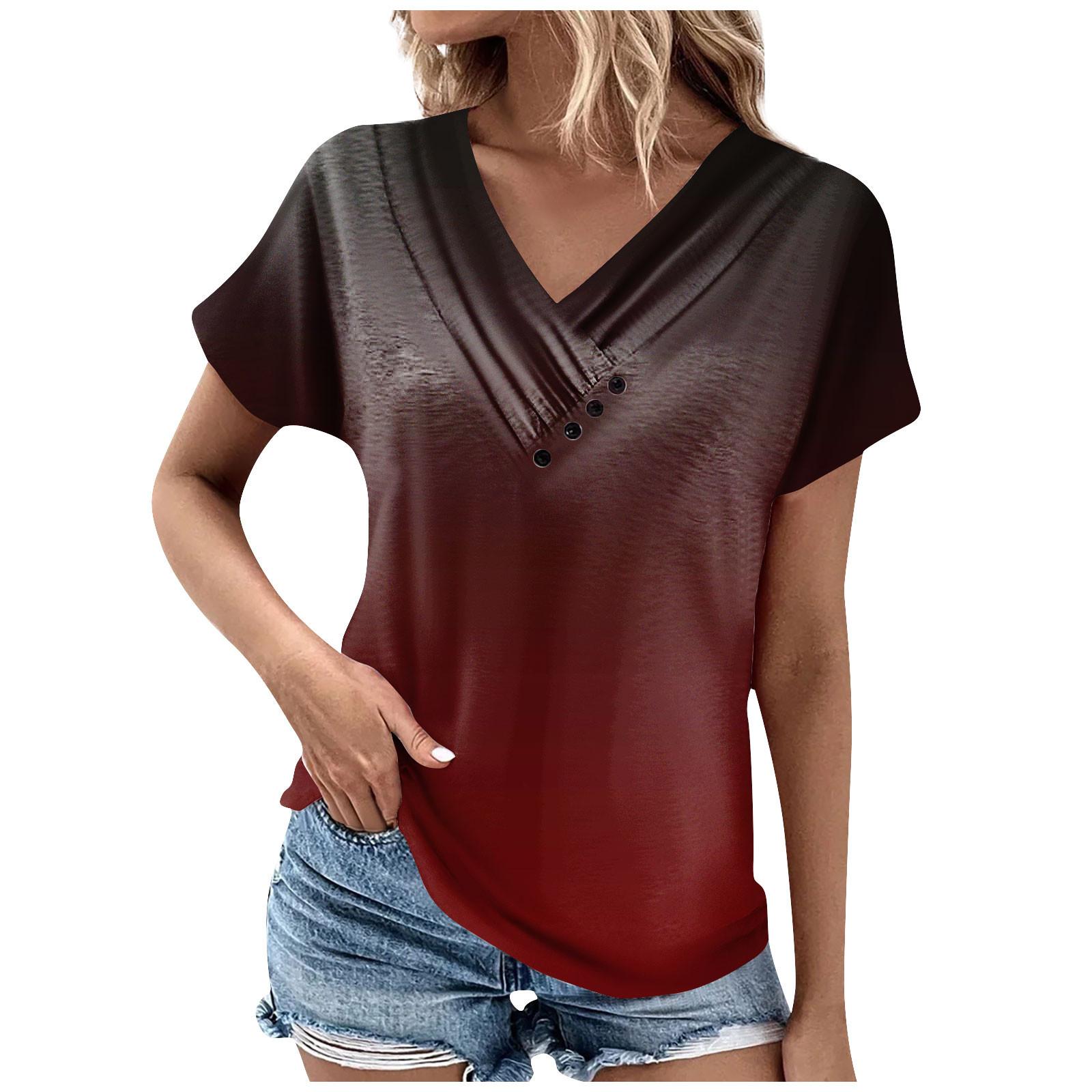 

Женская модная повседневная футболка с v-образным вырезом и коротким рукавом, плиссированная рубашка на пуговицах с принтом XL винный