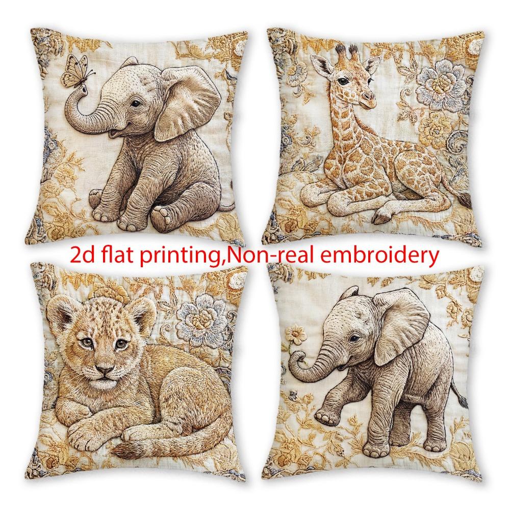 1/4pcs Vintage Safari Baby Animals Throw Pillow Covers Cute Elephant Giraffe Lion Cub Decorative Cushion Cases