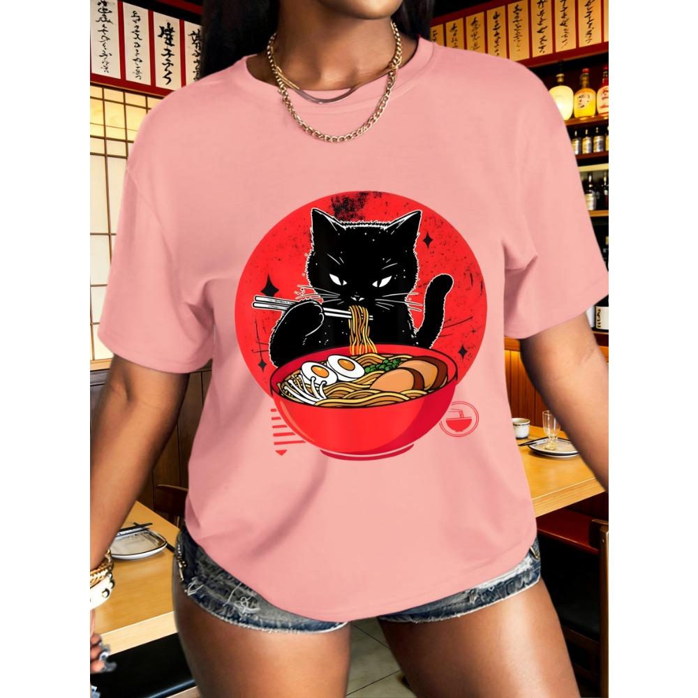 Geniet Van De Kat Van Lamian Noodles Print T-Shirt Dames Zomer Ademend Korte Mouw Hip Hop Kleding Ronde Hals T-Shirt