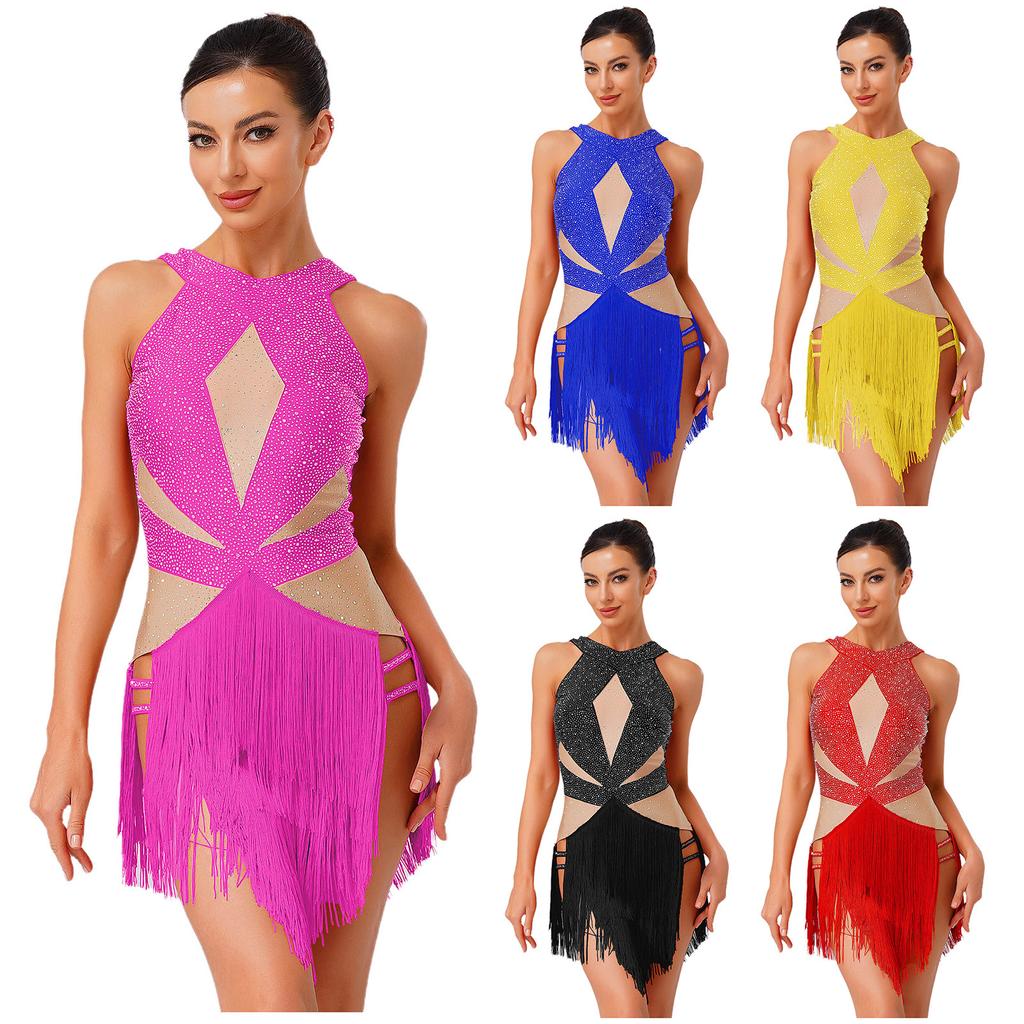 Womens Latin Tango Dance Leotard Allover Rhinestones Backless Tiered Tassel Contrast Color Bodysuit Performance Jumpsuit
