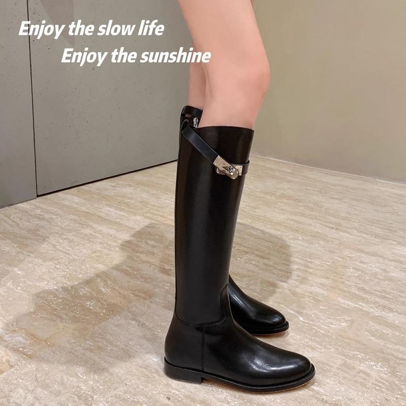 Cowhide Version~ Long Boots Retro and Thin Leather Thick-soled Knight Boots Women's Small Gold Buckle Thick Heel Long Boots High Boots
