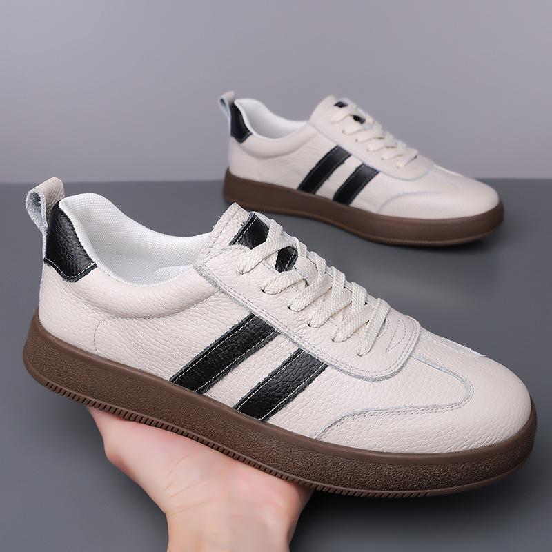 2025 New Shoes for Men Genuine Leather Casual Shoes Fashion Striped Cow Leather Flat Skateboard Shoes Youth Lace-up Sneaker
