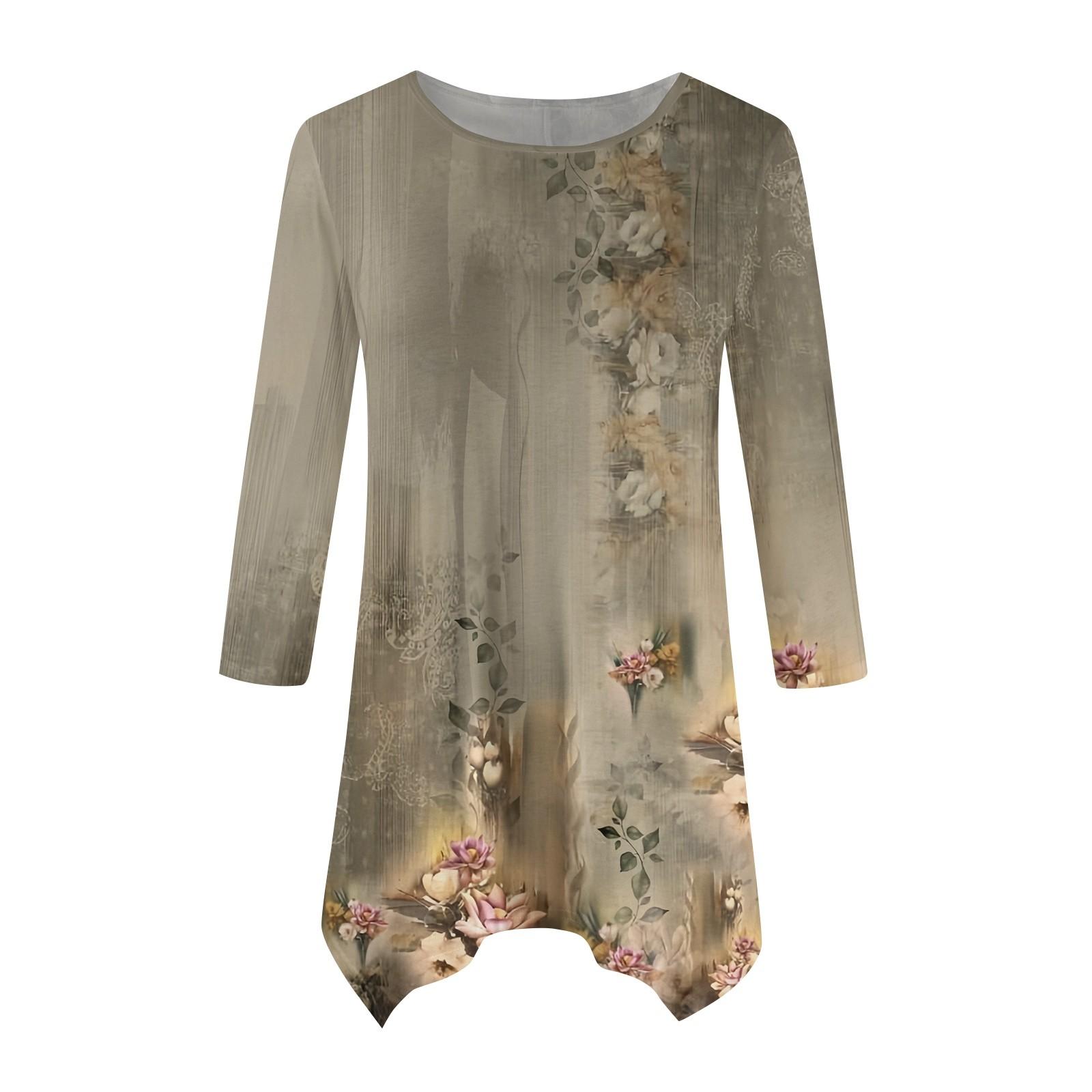 

Женская модная повседневная рубашка с круглым вырезом и цветочным принтом, рукавами-семью, свободным удобным топом с поясом L армия зеленый