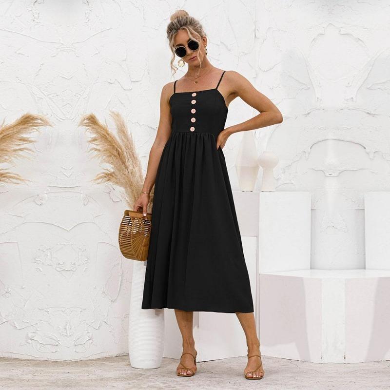 

Весна-лето, однотонное длинное платье, женское повседневное трапециевидное платье на бретельках без рукавов с высокой талией, тонкая пуговица, сладкий S-XL XL чёрный