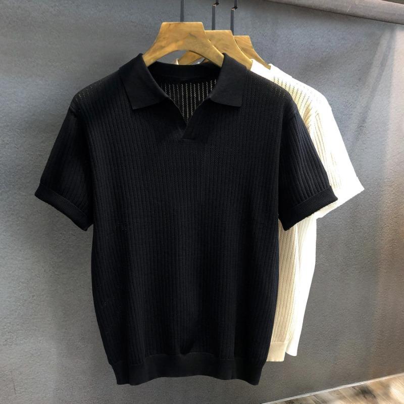 Men S Short Sleeve Hollow Knit Polo Shirt Summer Old Money Style
