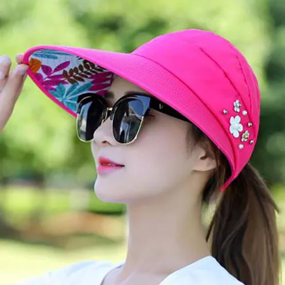 

WTEMPO Вышитые весенне-летние складные солнцезащитные шляпы с широкими полями для путешествий с пустым верхом, дышащие солнцезащитные шляпы с цветами и бусинами 1pc розы красного