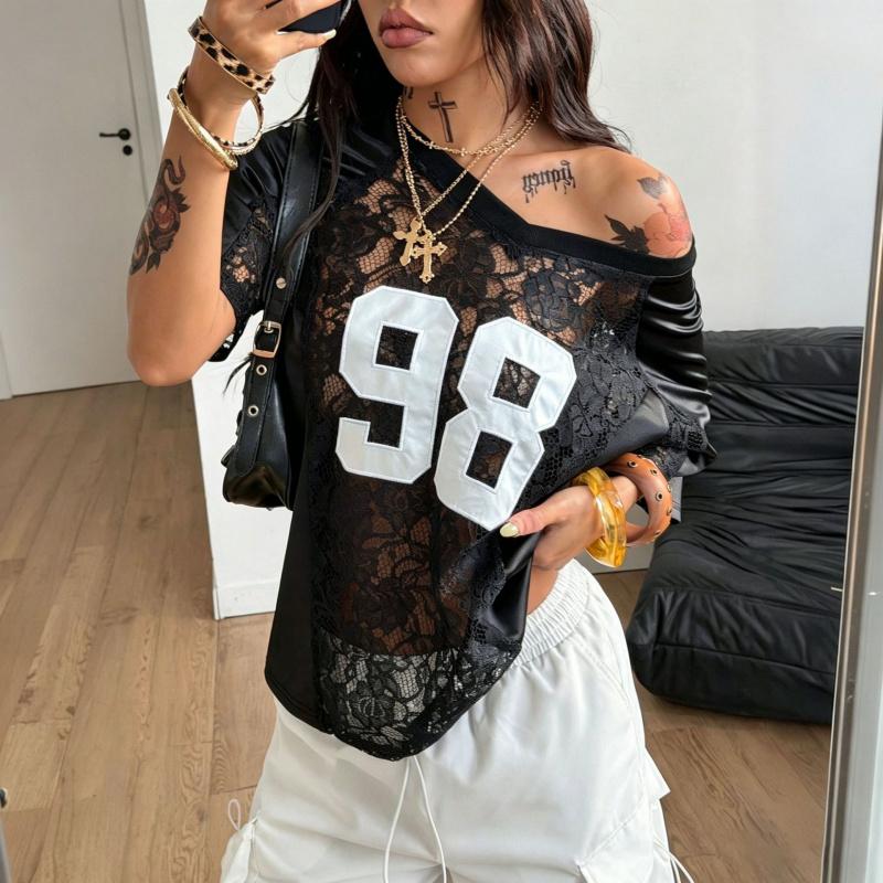2026 New Printed Loose Casual Street Style See-through Sexy Lace Patchwork Short Sleeve T-shirt