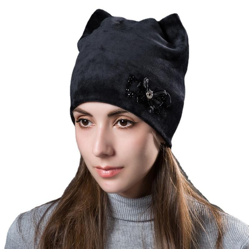 Inverno feminino veludo dourado pulôver orelha de gato quente bonito flor diamante dupla camada chapéu de malha