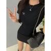 Ins Pure Desire Embroidery Summer Slim-fit Short-sleeved T-shirt Women's Korean Version Bow Round Neck Contrasting Bottom Top Women's