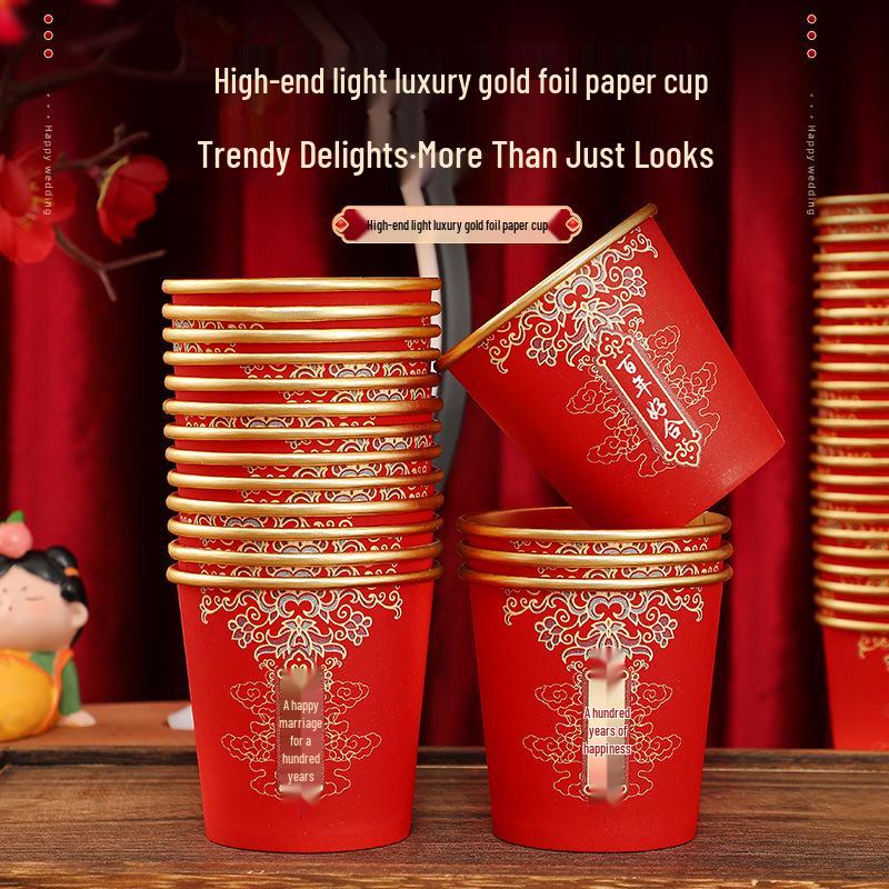 Gold Foil Disposable Wedding Cups - Thickened Red Tea Ceremony & Celebration Cups