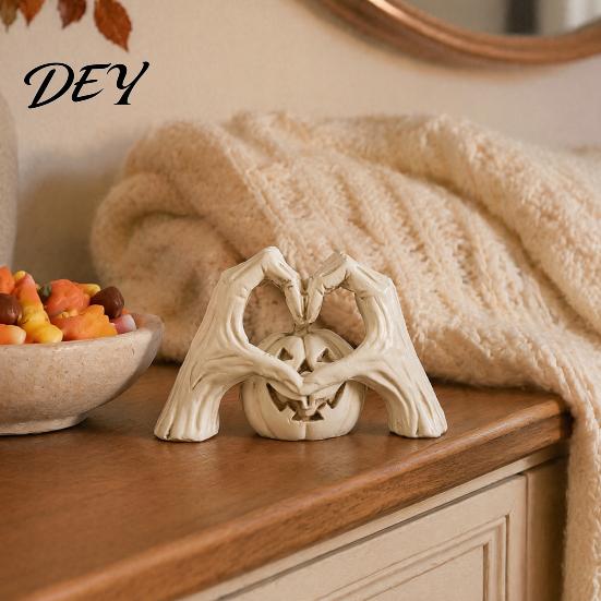 Halloween Pumpkin Figurine Gothic Skeleton Heart Hand Sculpture, Spooky Resin Abstract Statue, Gift for Collectors Shape Finger Gesture Love Ornaments