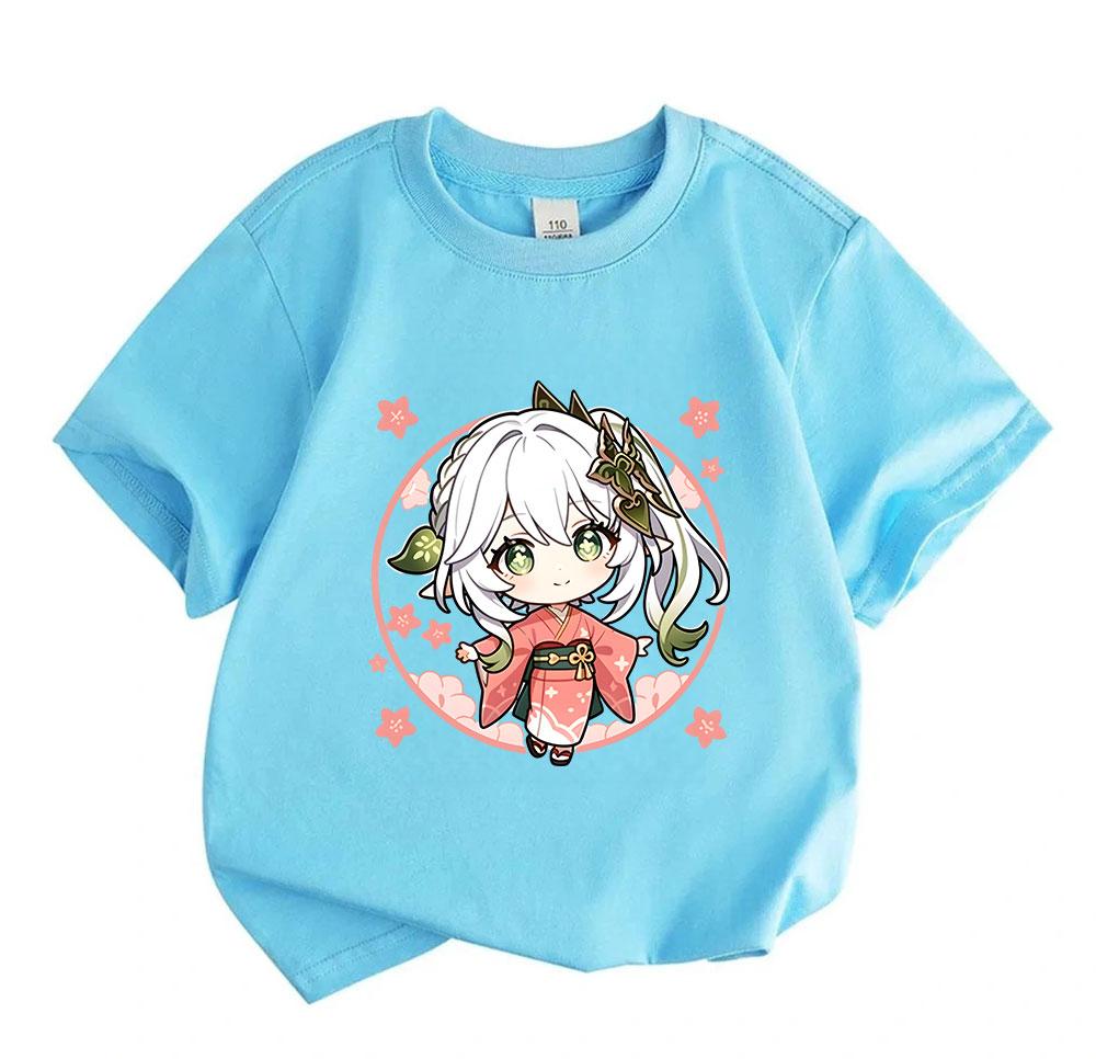 Kids Boys Girls Casual Short Sleeve O-neck 100% Cotton T-shirt Cute Chibi Nahida In Kimono Print Soft Breathable Tees For Spring Summer Daily Wear Gif
