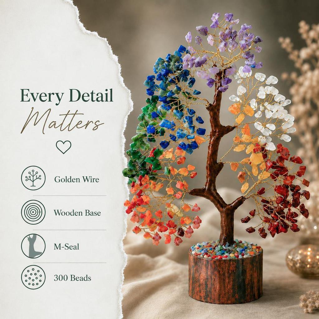 Seven Chakra Tree of Life for Positive Energy - Feng Shui Decor, Fake Bonsai, Crystals and Healing Stones, Money Tree, Room Decor 7 Chakra