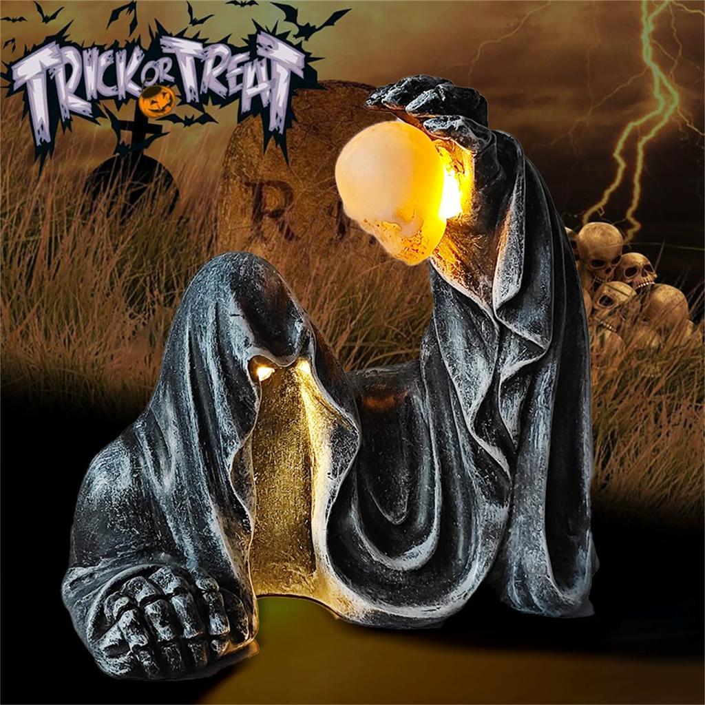 Outdoor Solar Powered Reaper Statue Resin Garden Sculpture Halloween Yard Decoration Creative Craft Ornament