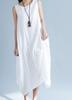 Women's Round Neck Sleeveless Maxi Dress Loose Fit High Waist Japanese Casual Linen Dress With Side Pocket And Pleated Detail Solid Color Swing Dress