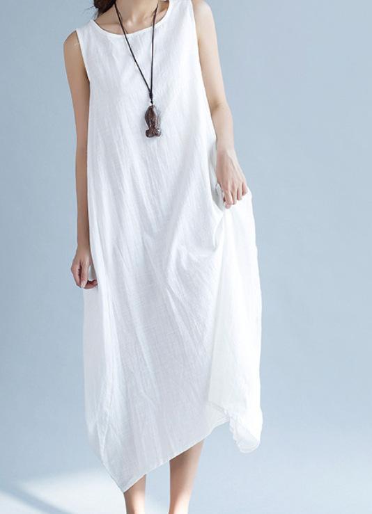 Women's Round Neck Sleeveless Maxi Dress Loose Fit High Waist Japanese Casual Linen Dress With Side Pocket And Pleated Detail Solid Color Swing Dress