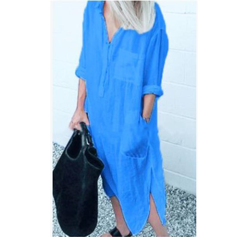 

Платье на пуговицах в стиле бохо для женщин больших размеров - летняя туника из хлопковой смеси с V-образным вырезом и закатанными рукавами 2024 года, длина миди для пляжного и уличного использования 5XL baby голубой