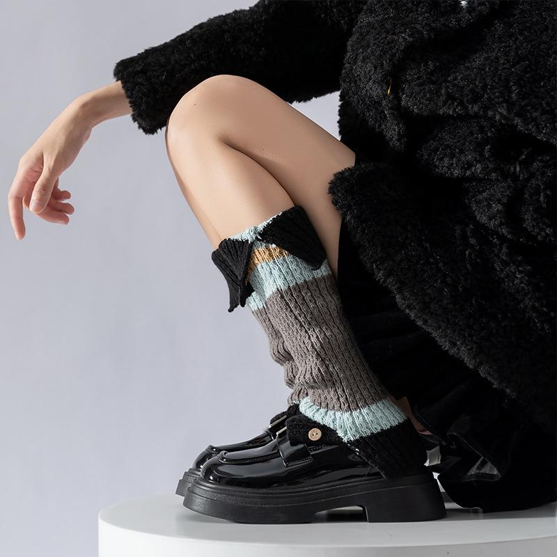 Autumn Winter Color Block Thicken Warm Leg Warners Knitted Wool Foot Covers JK Japanese Simple Harajuku Women Long Stockings New