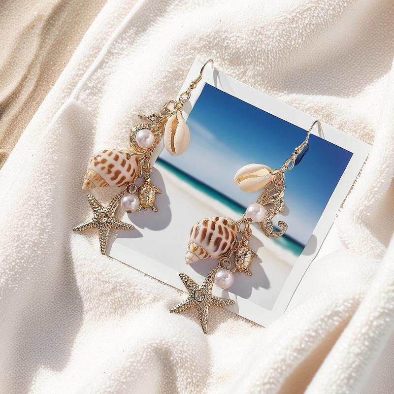 Серьги-ракушки, морской пляжный курорт, морская звезда, имитация жемчуга, ракушка, морская звезда, уши