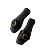 2025 New Metal Belt Buckle One-word Women's Summer Wear Flat-bottomed Fashion Sandals Square Head Soft-soled Women's Slippers