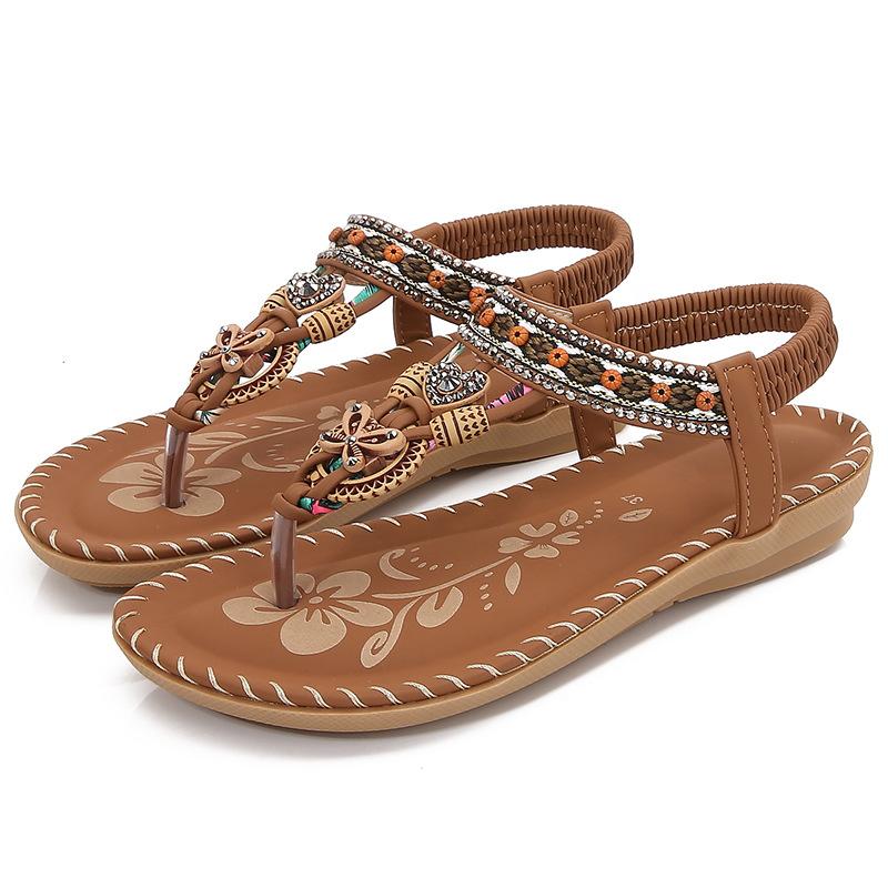 Large Size Women's Roman Shoes Summer New Lightweight Comfortable Soft Sole Beach Shoes Rhinestone Non Slip Casual Flats