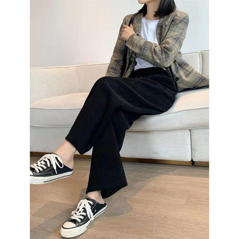 Velvet Thickened Chenille High Waisted Wide Leg Pants for Women, Loose Pocket Straight Leg Pants