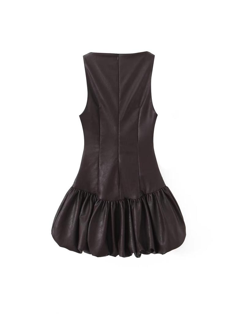 2025 Herbst/Winter Europäisches Damen-Leder-Ärmelloses Kleid mit Taillenraffung