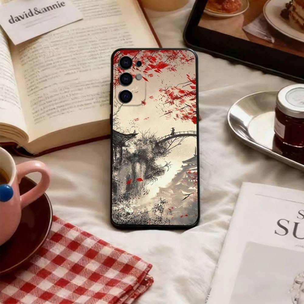 Classical Chinese Landscape Phone Case Black Silicone Soft For Samsung S25,S24,S21,S22,S23,S30,Ultra,S20,Plus,Fe,Lite