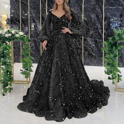 Women Evening Dress V Neck Lantern Sleeve Shiny Sequin Beading Padded A-line Floor Length Mesh Double-layered Cocktail Party Dress Formal Prom Gown