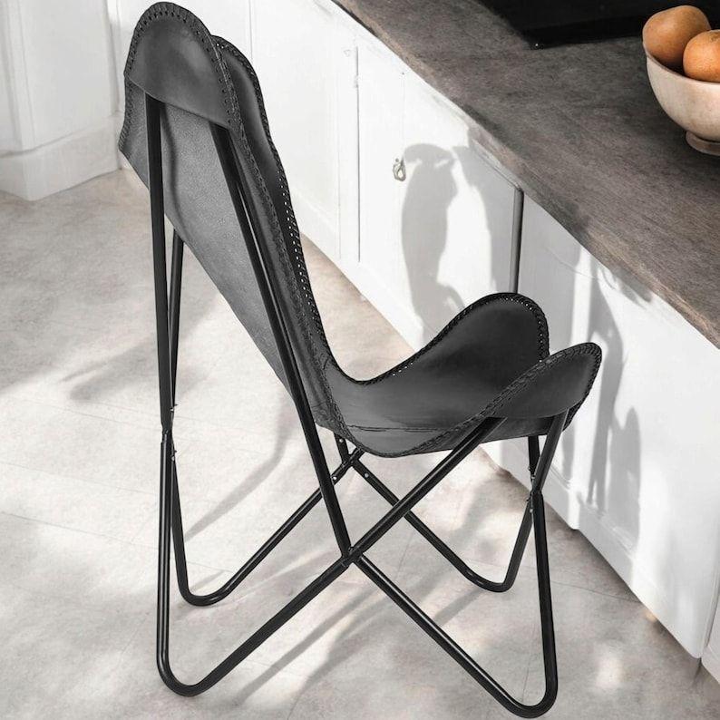 Black Leather Butterfly Chair Living Room Relaxing Accent Chair Foldable Armrest Handmade Chair Home Decor Retro Butterfly Chair Gifts