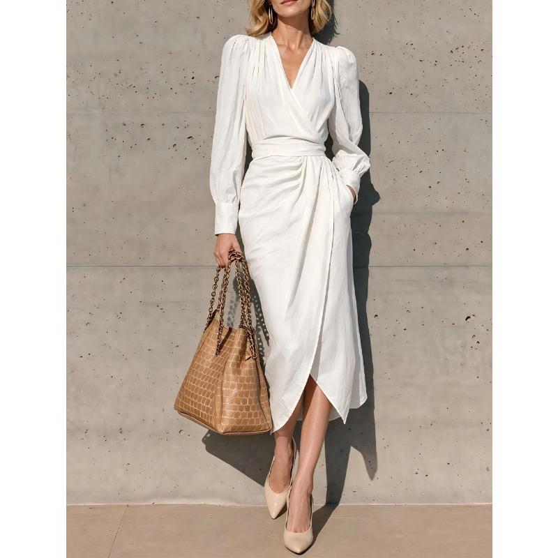 Women S V Neck Long Sleeve Wrap Tie Waist Long Dress